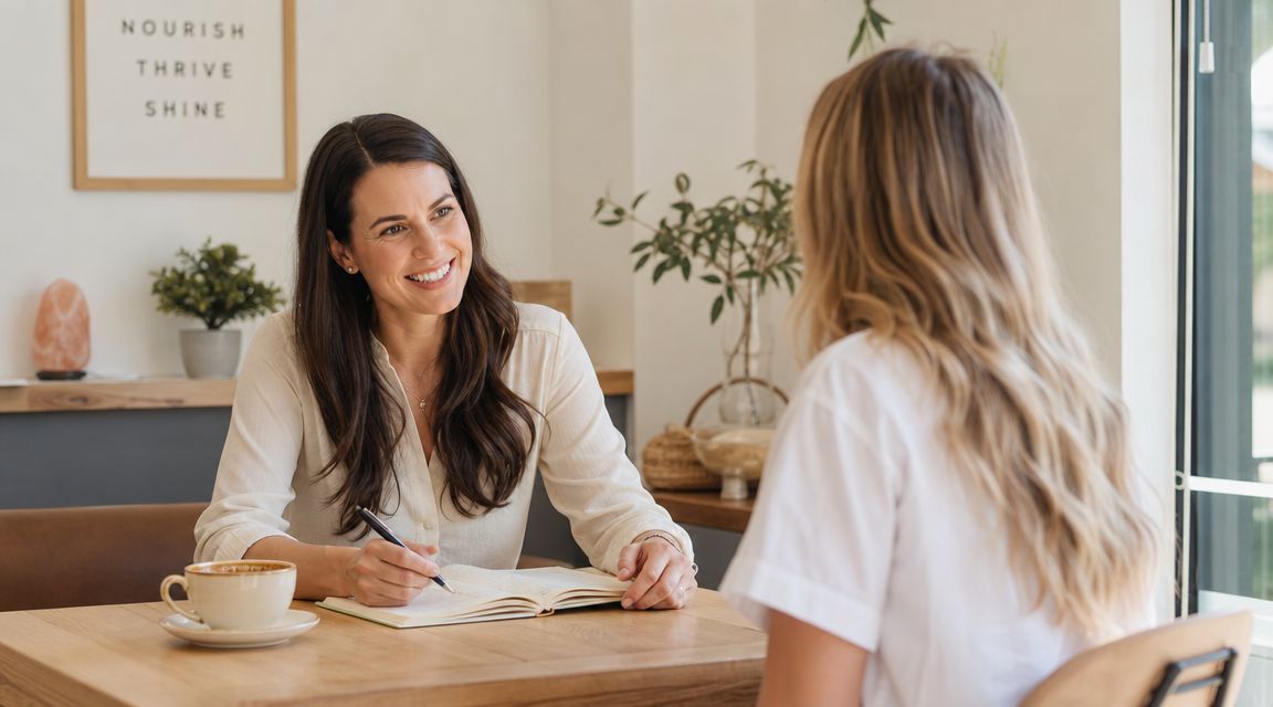 A friendly consultant smiling while writing in a notebook during a professional meeting with a client.