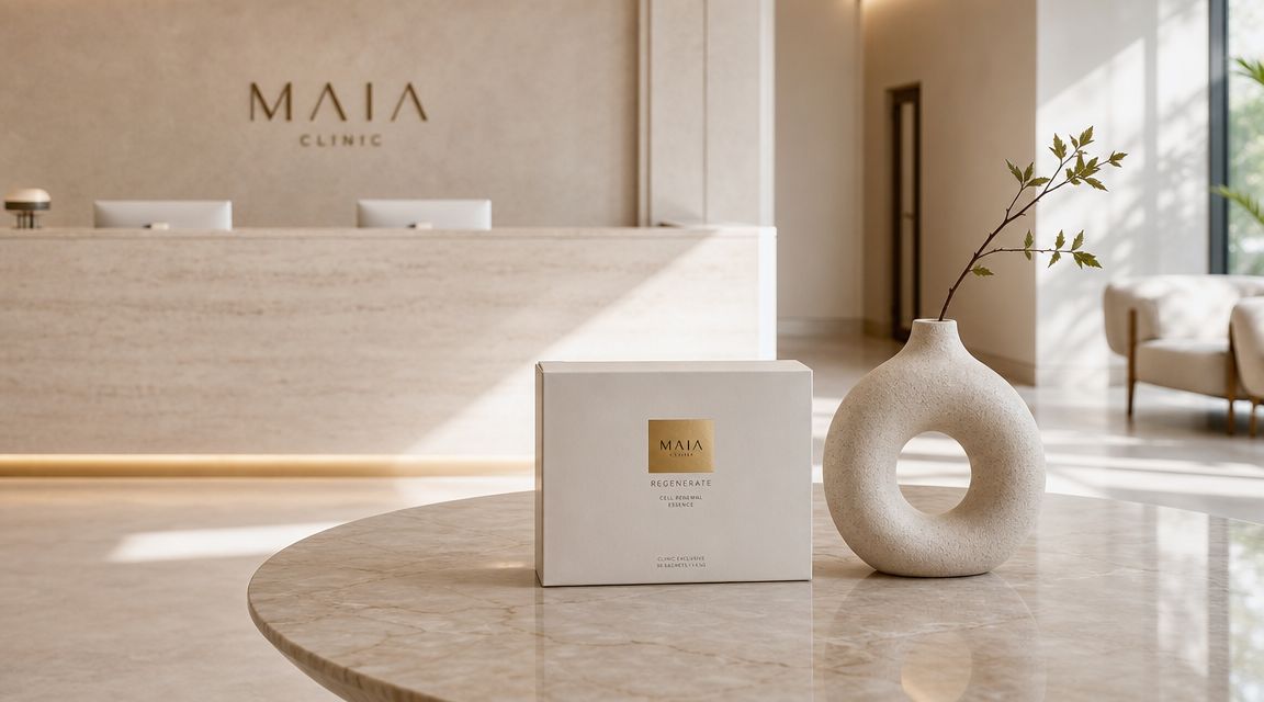 A premium Maiai Clinic skincare product box sitting on a marble table next to a decorative vase.