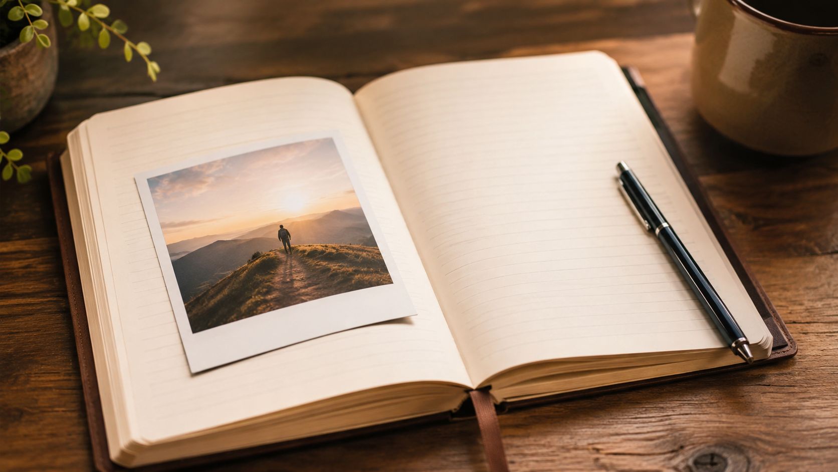 An open journal lies on a wooden desk with a photograph of a person on a mountain.