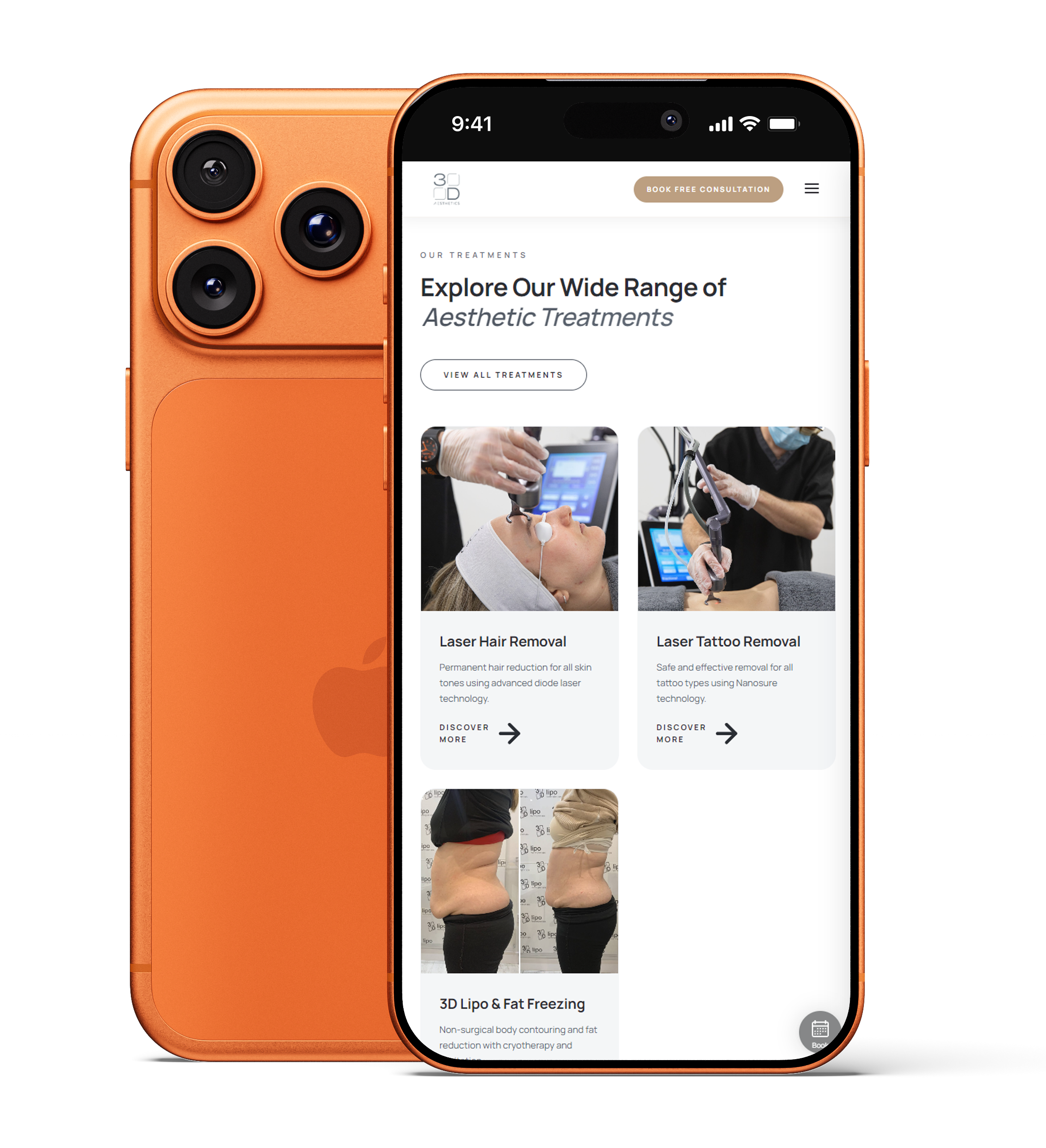 Mobile web design mockup — 3D Aesthetics treatments page