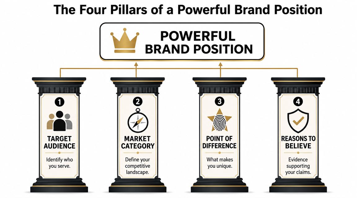 An infographic titled The Four Pillars of a Powerful Brand Position with four labelled pillars.
