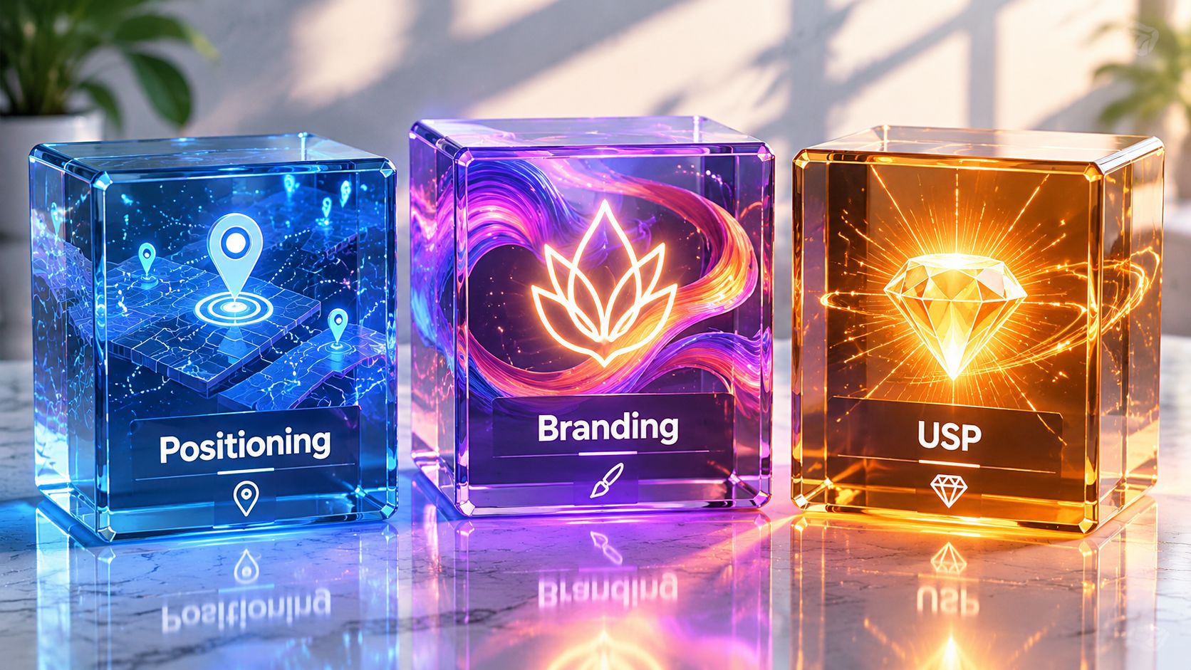 Three glowing glass cubes representing branding concepts: Positioning with map pin, Branding with lotus, and USP with diamond.
