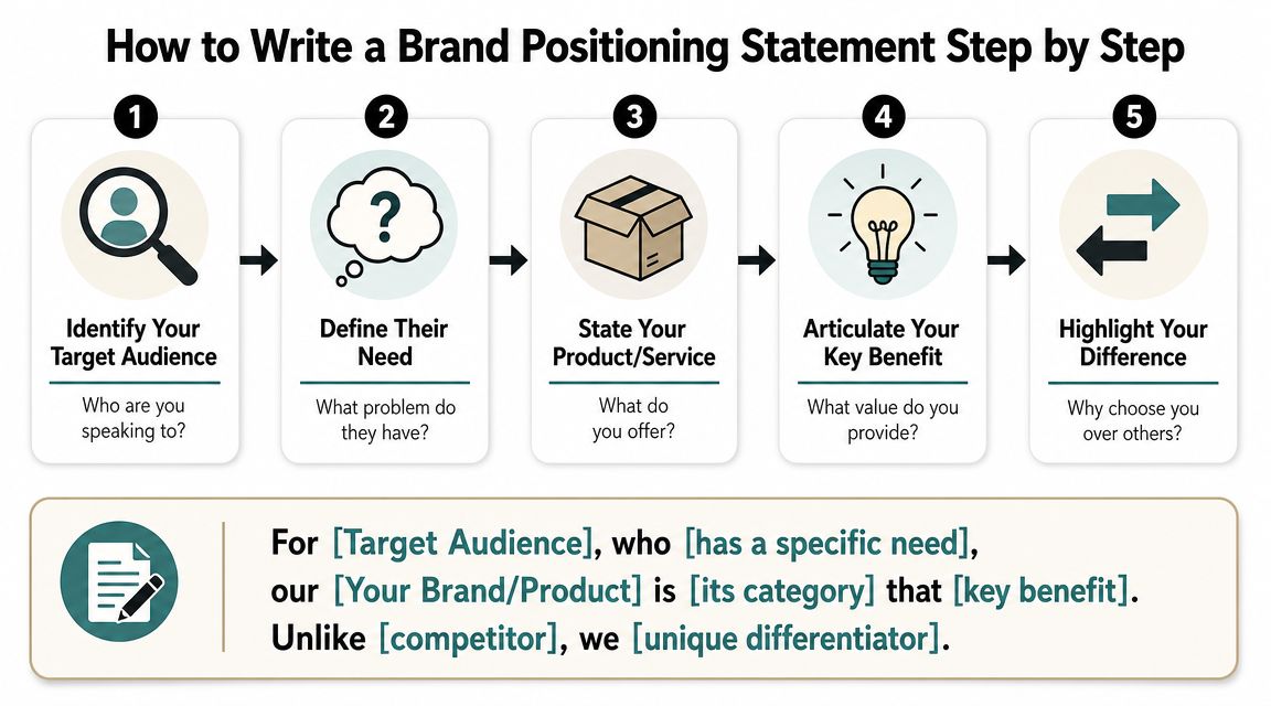A five-step infographic showing how to write a brand positioning statement using a simple template.