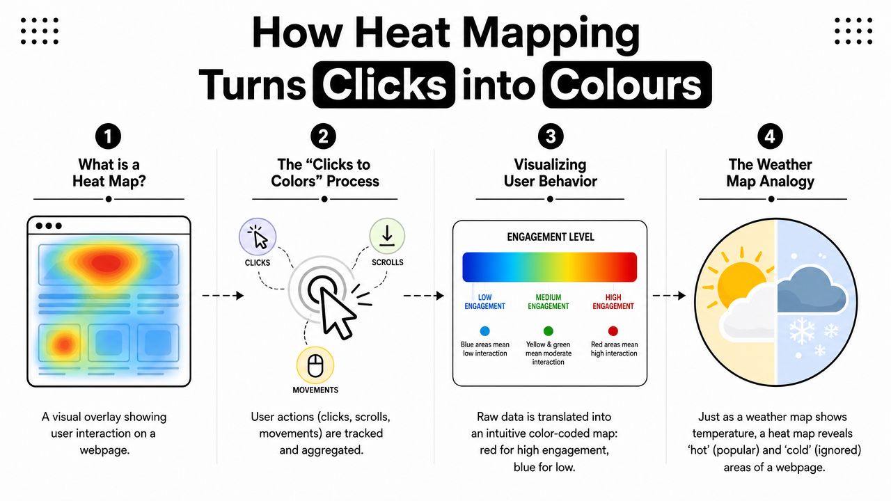 A four-step infographic explaining how heat mapping visualizes user interaction on a webpage using color codes.