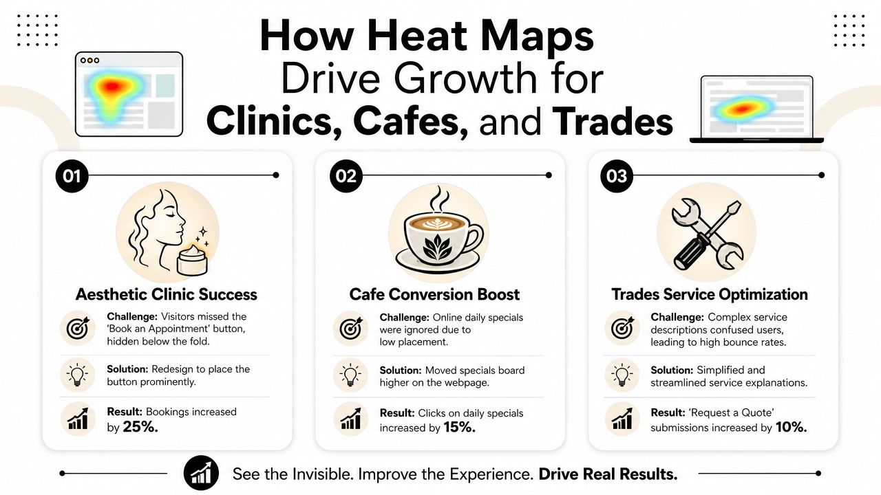An infographic showing how heat maps improve website growth for aesthetic clinics, cafes, and trades businesses.
