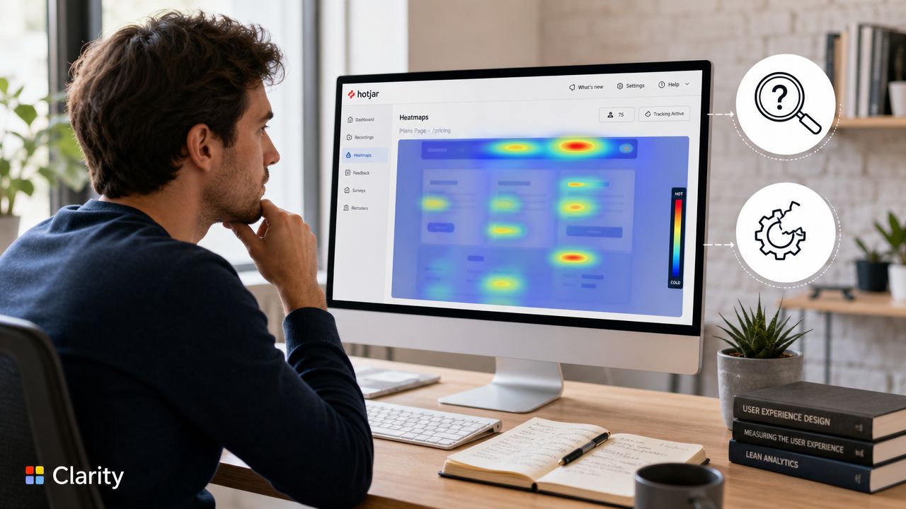 A person analyzing website user behavior heatmaps on a desktop computer screen in a modern office.